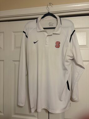 Nike White Long-Sleeve Dri-FIT Polo with Black Trim and Orange 'S'